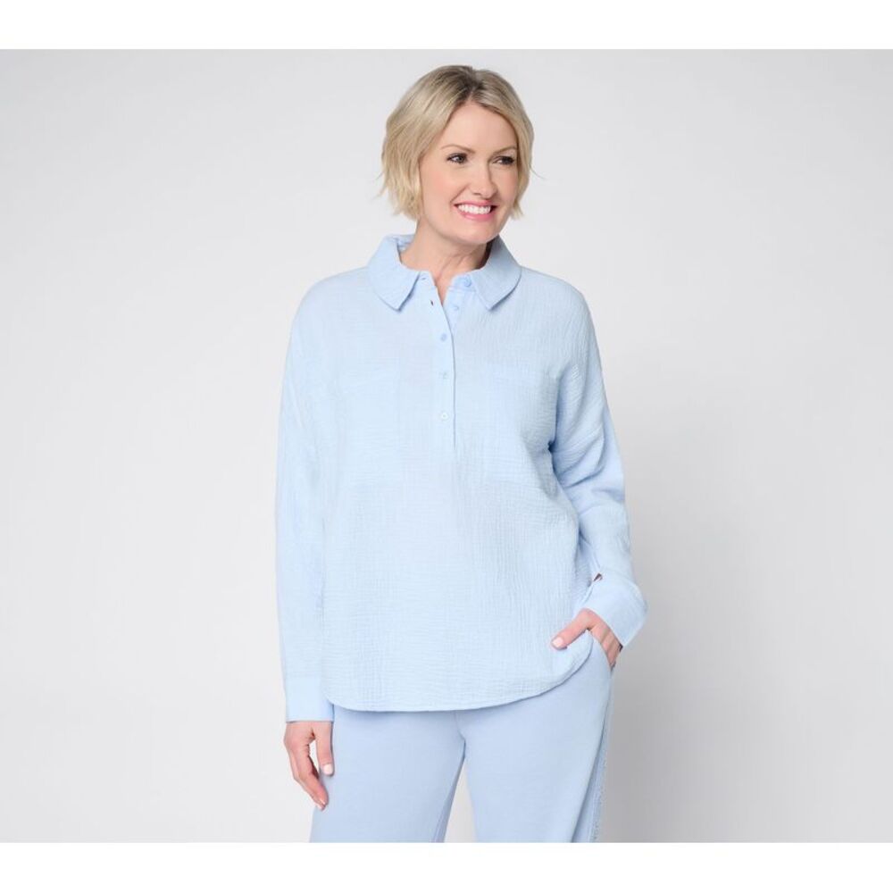 Peace Love World Women's Top Plus Sz 1X Cotton Gauze Long Sleeve Blue